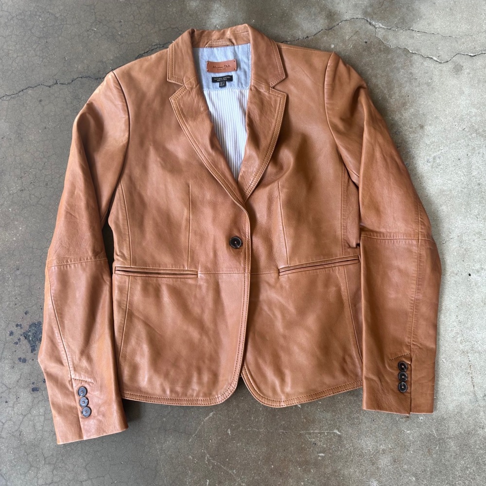 Massimo Dutti Blazer Womens S Tan Excellent Natural Leather Cognac Single Button